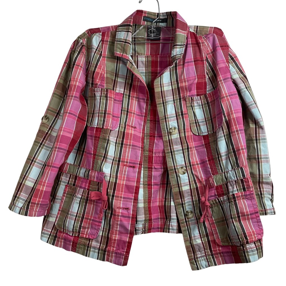 French Cuff Pink and Green stripes women size medium utility bottom down shirt